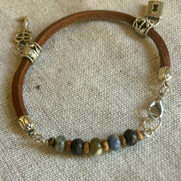 Artisan Jasper Gemstone & Leather Bracelet Silver Key Lock Charm Handmade - Picture 6 of 6